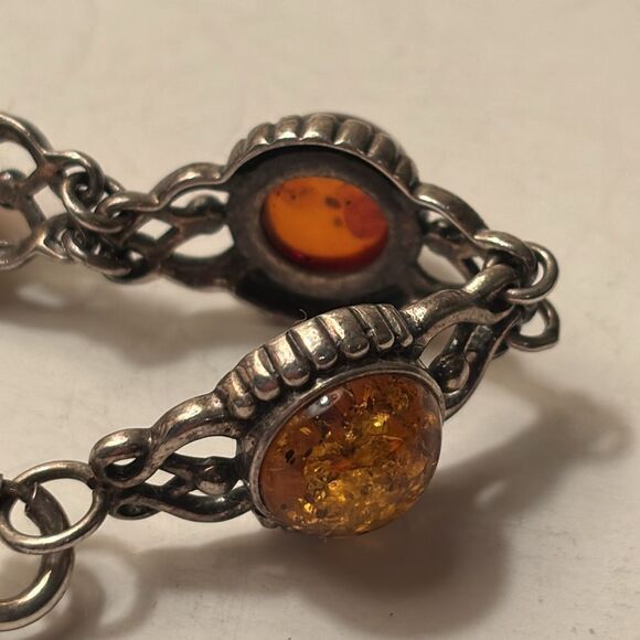 Vintage Sterling Silver and Baltic Amber Linked ornate bracelet 7.5” - Picture 4 of 7
